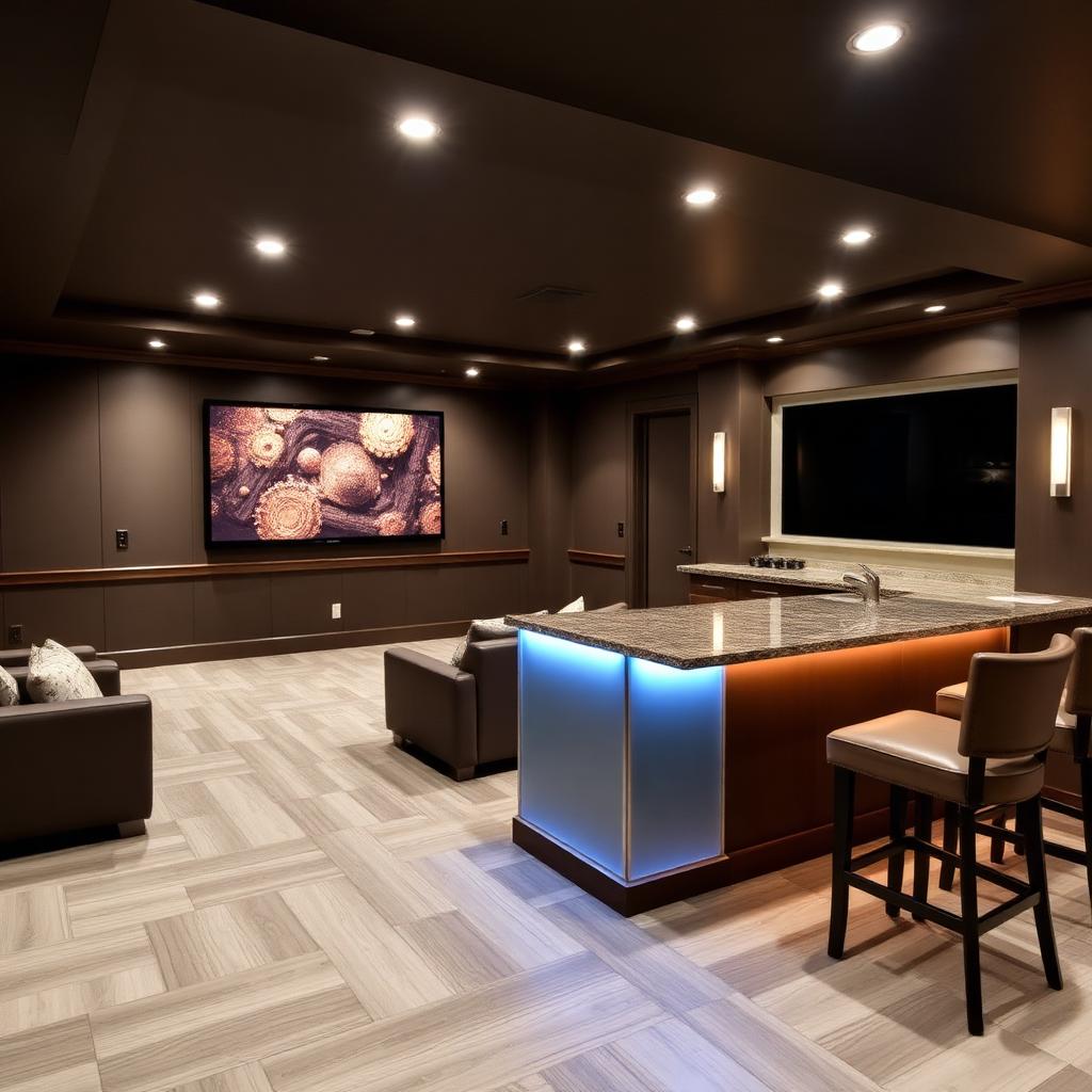 Finished basement with wet bar and theater