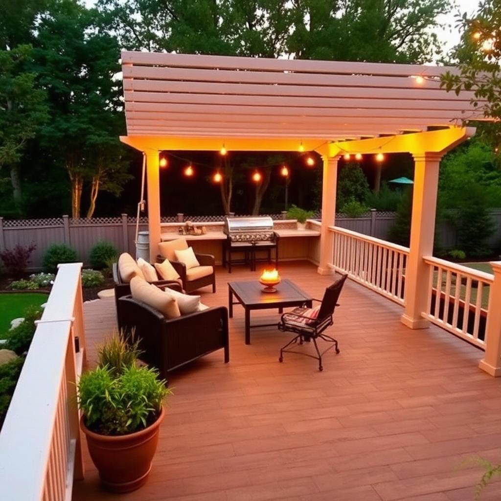 Backyard deck with pergola and string lights