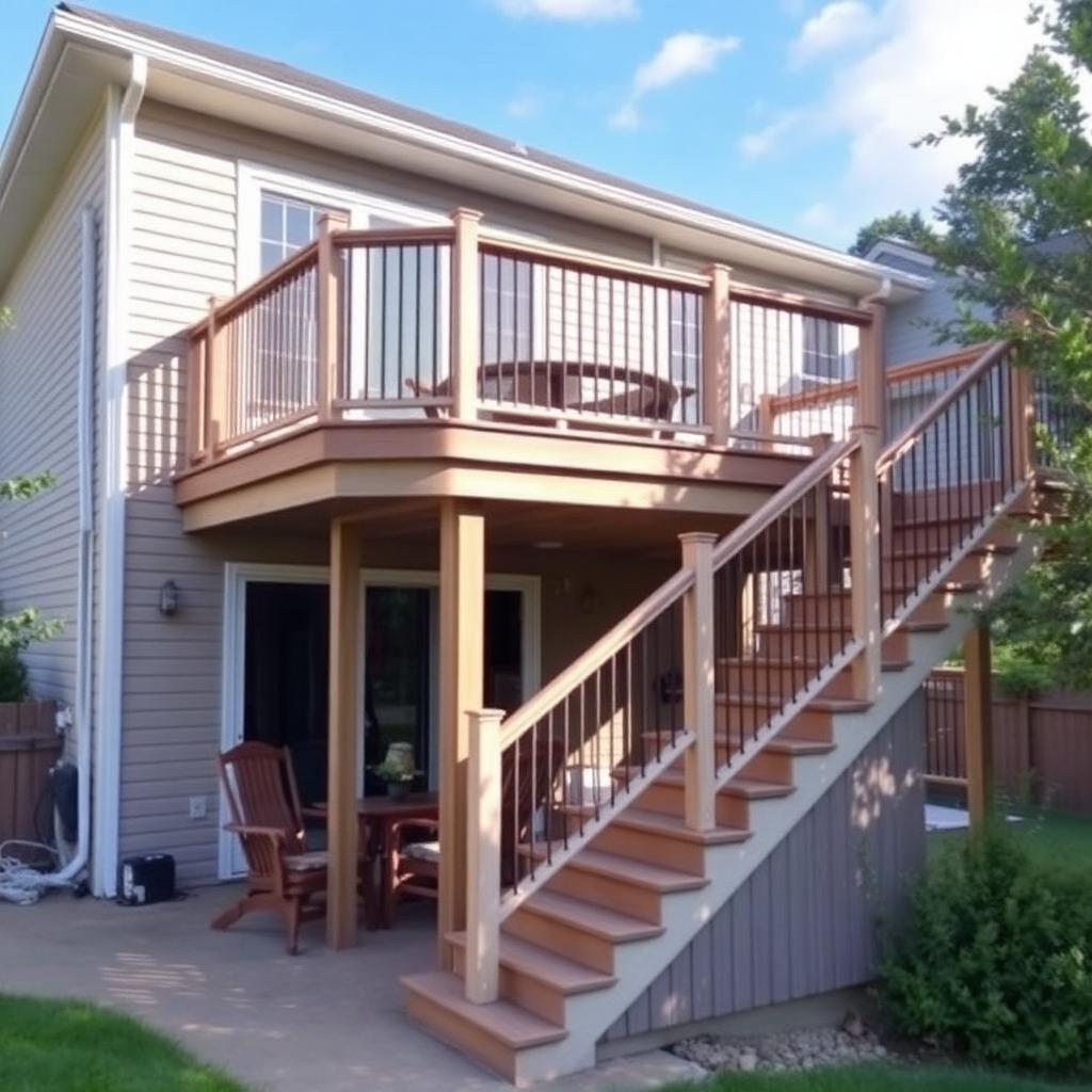 Two-story deck with stairs and railing