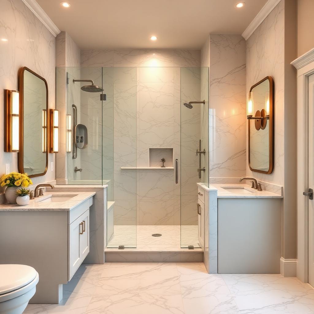 Marble walk-in shower with double vanity