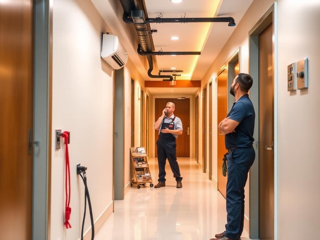 Electrician installing light fixture